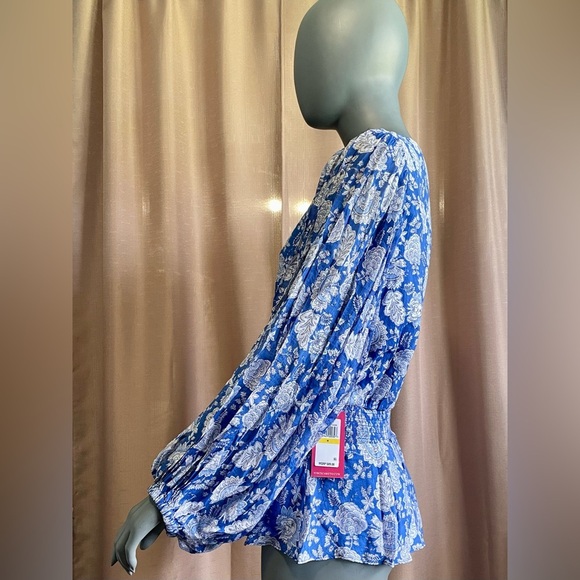 NWT Vince Camuto M Blue Blouse Dressy Floral Smocked Long Ballon Sleeves Boho - Picture 2 of 7